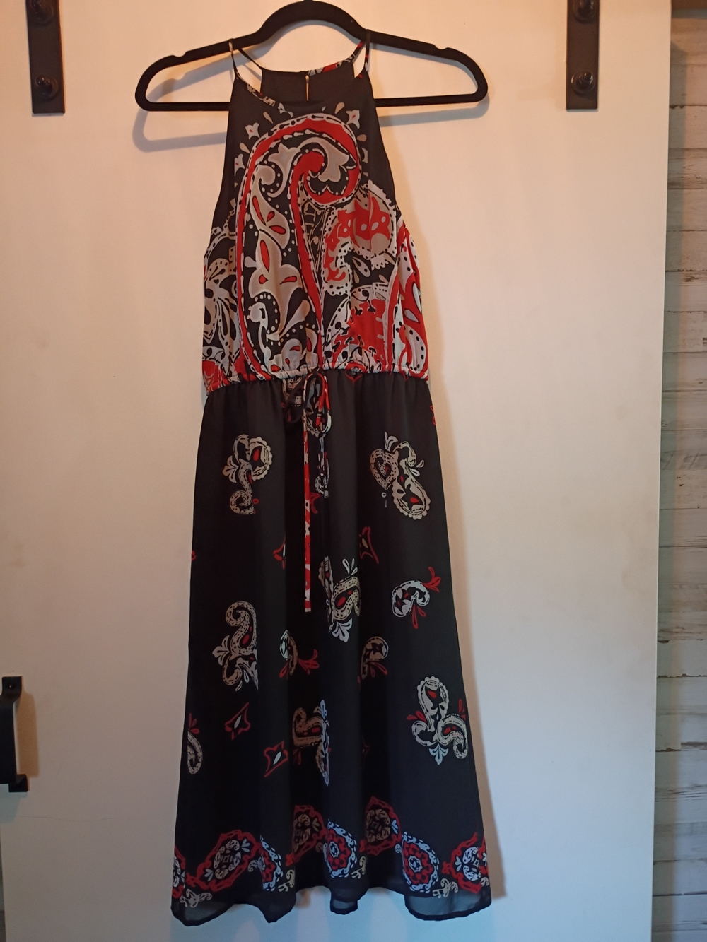 LOFT Black and Red Paisley Halter Midi Dress
